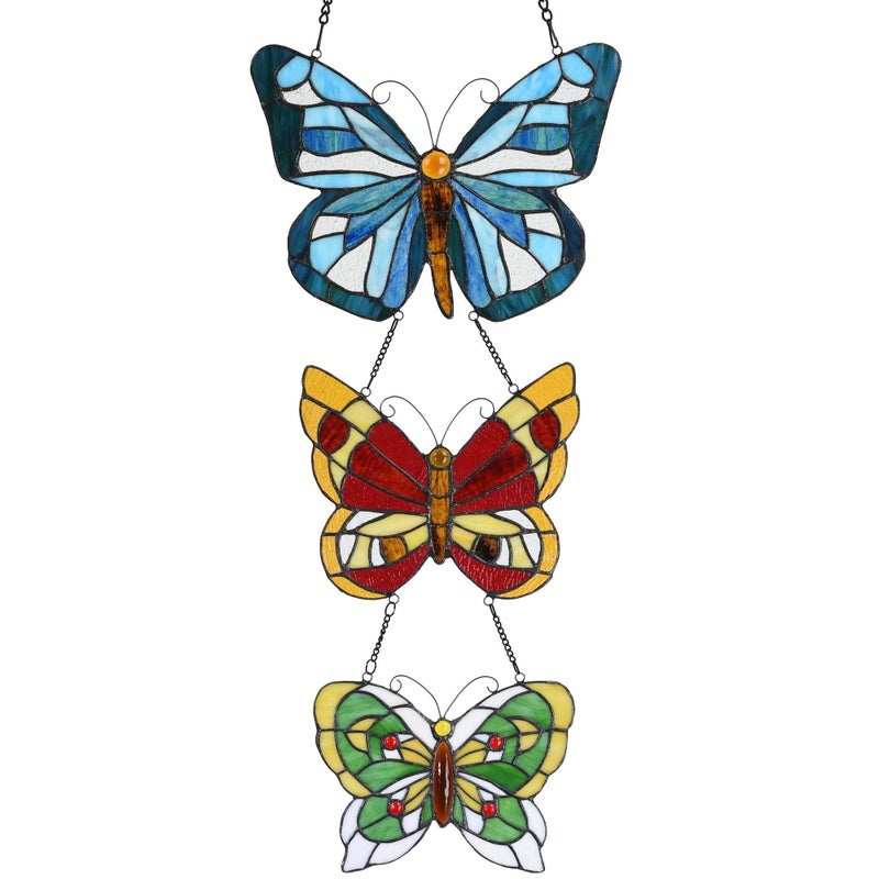 Bieye W10053 Butterfly Tiffany Style Stained Glass Window Panel with 3 Pieces Hanging Successively Within Chains, 12" W x 25" H - Image 1